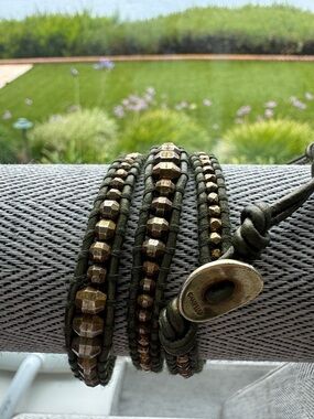 Chan Luu Olive Green Leather Wrap Bracelet with Brass Beads